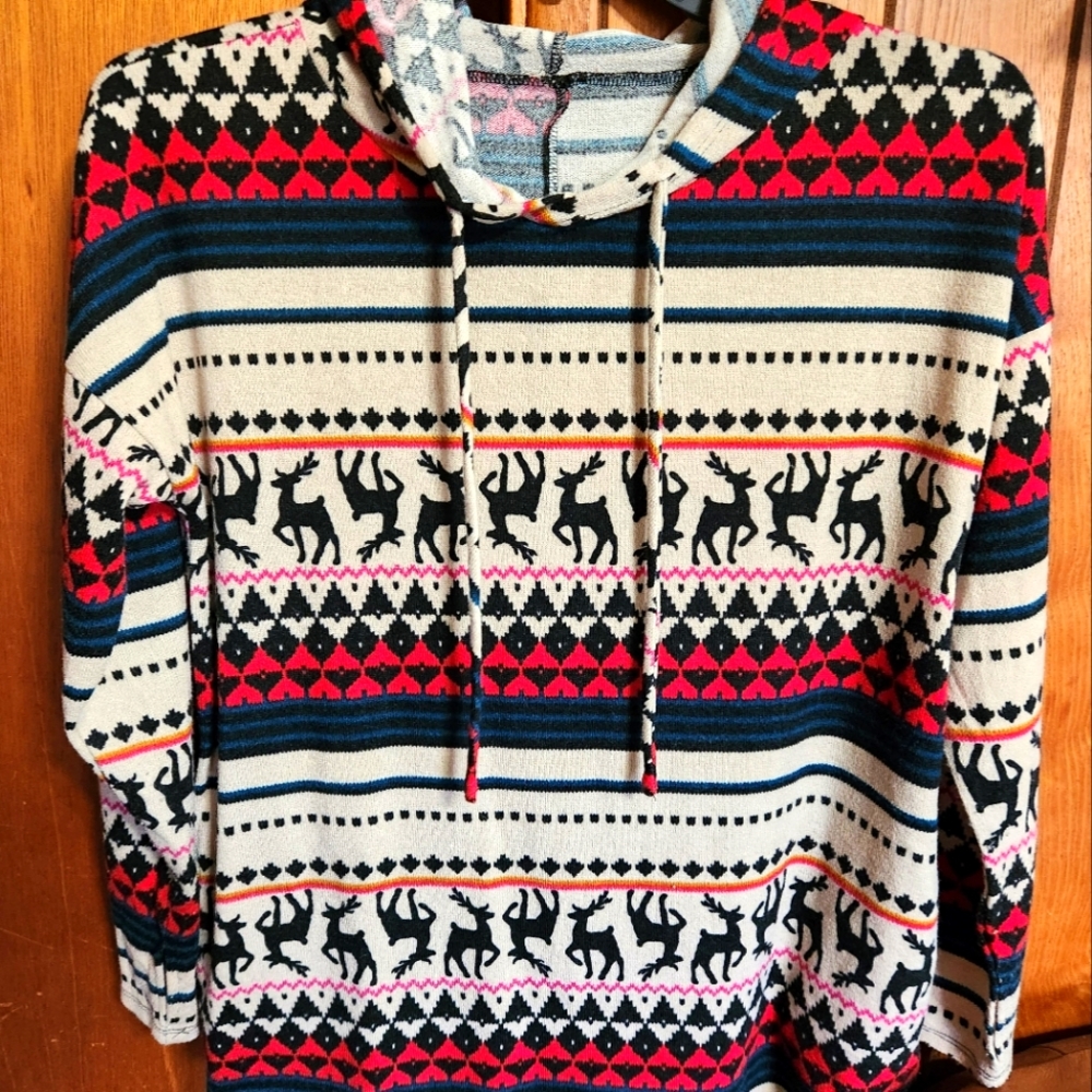 Ladies pullover hoodie sweater multi color maker unknown but very soft knit XL